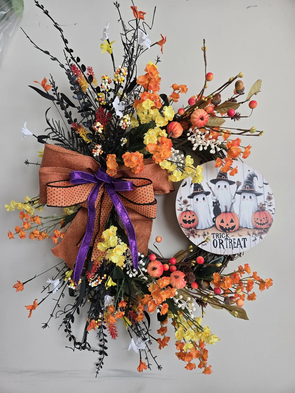 Autumn Harvest Halloween Wreath with Orange and Yellow Florals